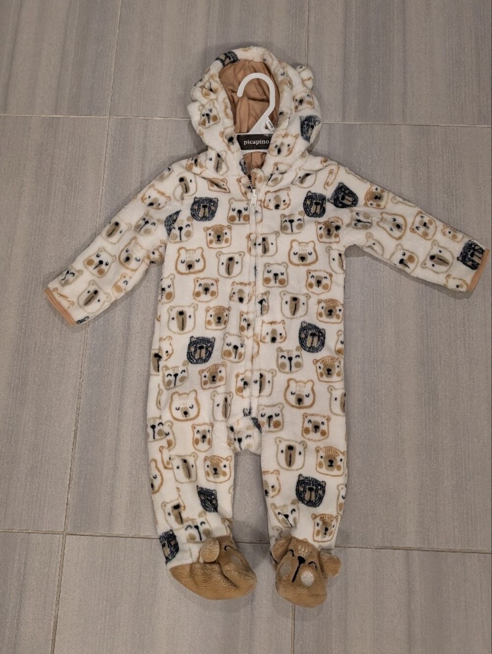 Cozy White & Tan Bear Print Kids Onesie Jacket